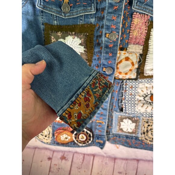 Calvin Klein Altered Hand Embroidered Upcycled Patched Denim Jacket - Picture 11 of 16